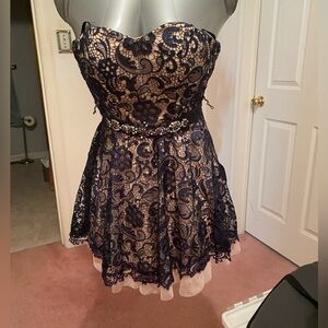 Bee Darlin party/ prom dress.  Navy Blue Lace over Beige lining